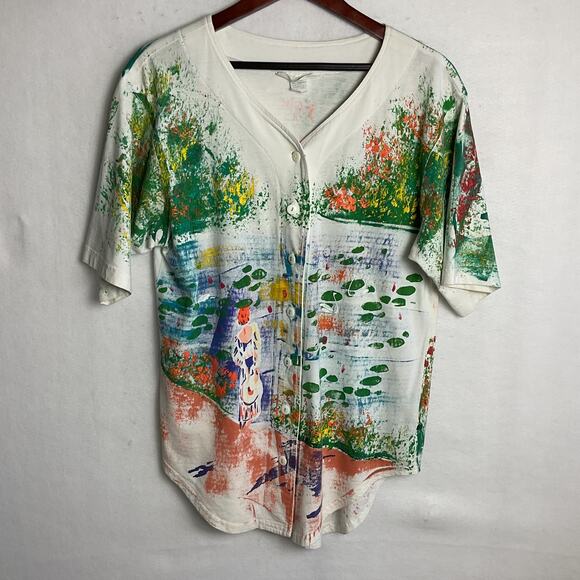 Vintage Marguerita Hand Painted Cotton Tee Lady by the Lake Medium - Picture 2 of 10